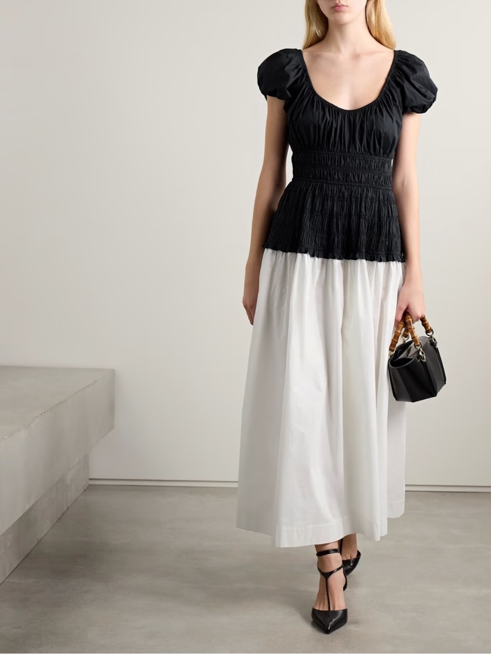 Doen Small Enya Two-Tone Ruched Organic Cotton Poplin Midi Dress White Black